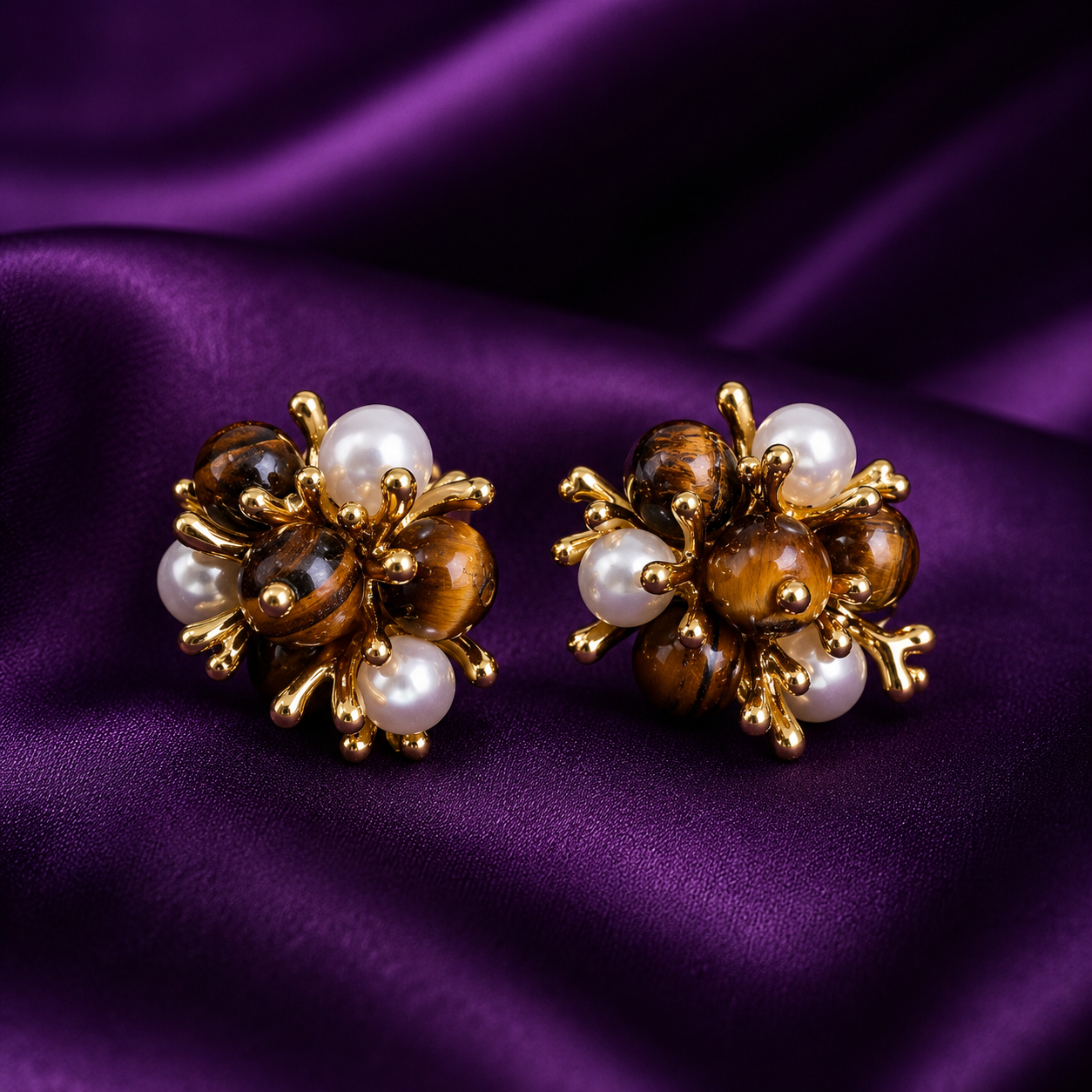 Tiger Eye & Pearl Cluster Stud Earrings