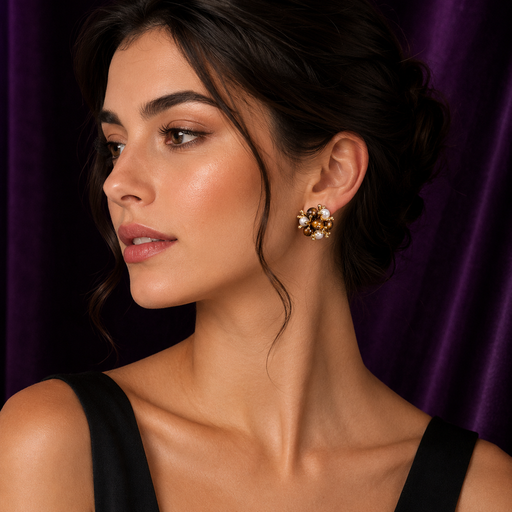 Tiger Eye & Pearl Cluster Stud Earrings